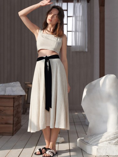 SHEIN Solid Tank Top & Self Belted Skirt Set