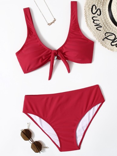 SHEIN Solid Tie Front Bikini Swimsuit