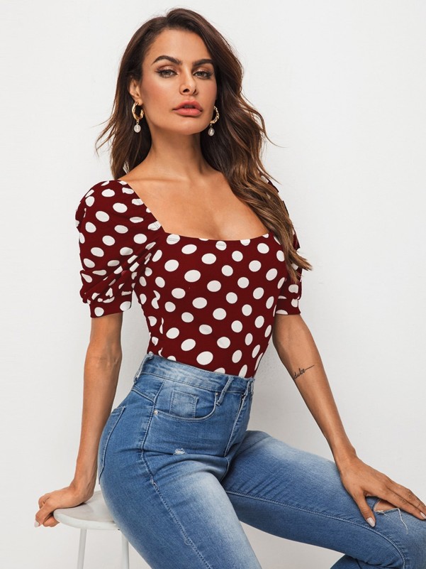 Shein Square Neck Puff Sleeve Polka Dot Top 