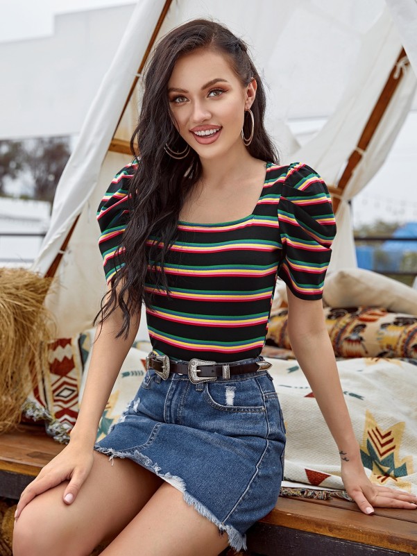 SHEIN Square Neck Puff Sleeve Striped Tee