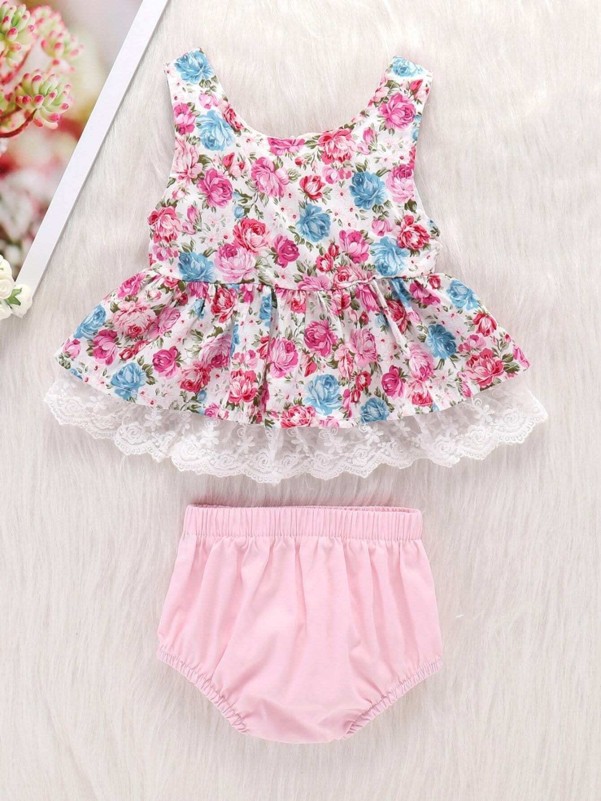 Toddler Girls Floral Print Contrast Lace Hem Top With Shorts