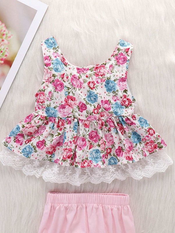 Toddler Girls Floral Print Contrast Lace Hem Top With Shorts