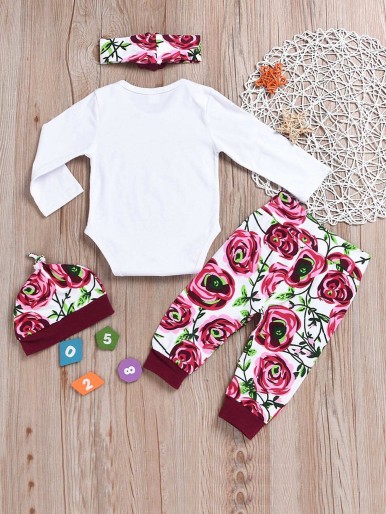 Toddler Girls Letter Print Jumpsuit & Floral Print Pants & Hat & Headband