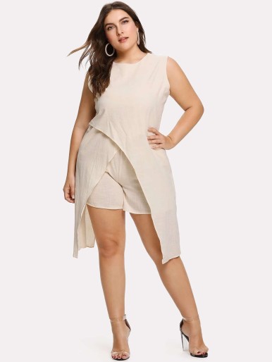 Plus Boat Neckline Split Hem Top With Shorts