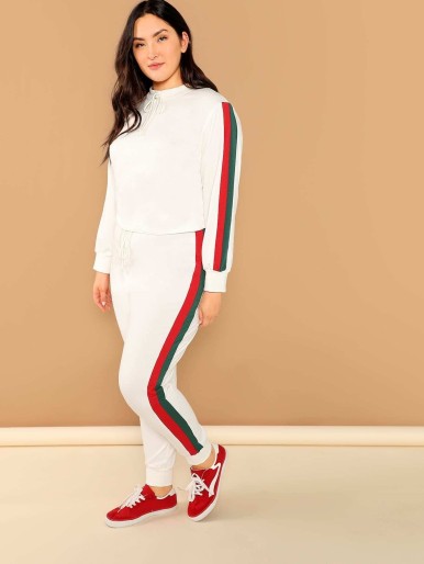 Plus Knotted Stand Collar Striped Pullover & Pants Set