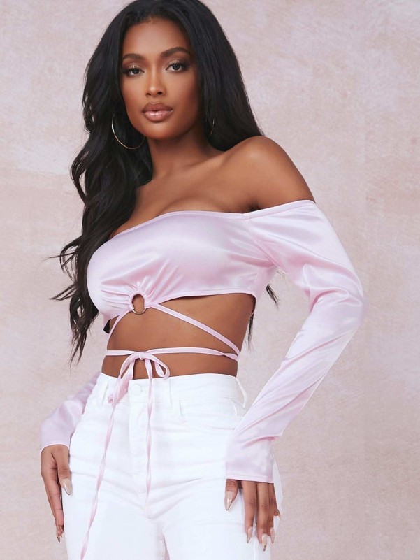 Lace Long Sleeve Satin Crop Top