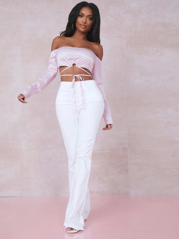 SHEIN SXY Off Shoulder Lace Up Satin Crop Top