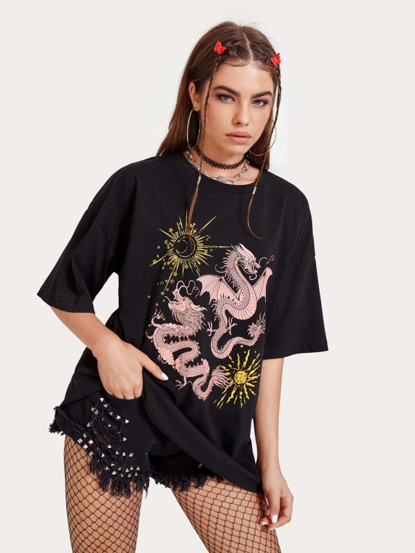 Dragon Print Oversized Tee