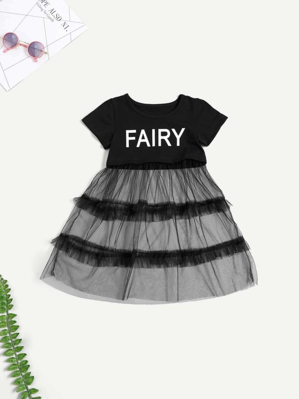 Toddler Girls Letter Print Contrast Mesh Tee