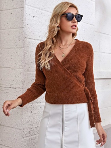 SHEIN Tie Side Wrap Fluffy Cardigan