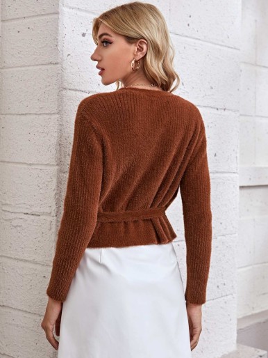 SHEIN Tie Side Wrap Fluffy Cardigan