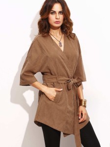 SHEIN Tie Waist Pocket Half Sleeve Kimono