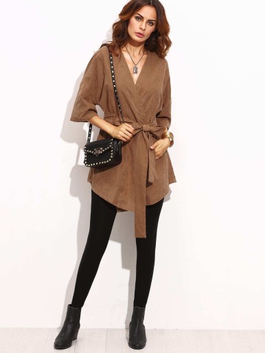 SHEIN Tie Waist Pocket Half Sleeve Kimono