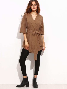 SHEIN Tie Waist Pocket Half Sleeve Kimono