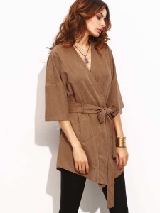 SHEIN Tie Waist Pocket Half Sleeve Kimono