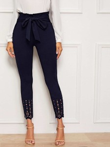 SHEIN Tied Paperbag Waist Scallop Edge Laser Cut Pants