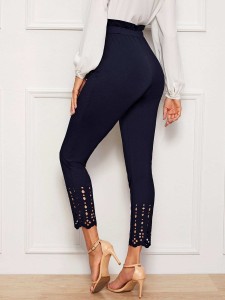 SHEIN Tied Paperbag Waist Scallop Edge Laser Cut Pants