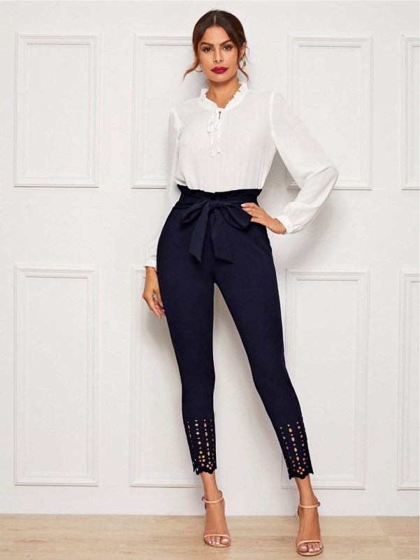 SHEIN Tied Paperbag Waist Scallop Edge Laser Cut Pants