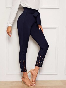 SHEIN Tied Paperbag Waist Scallop Edge Laser Cut Pants