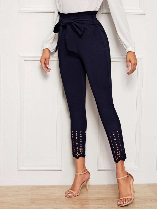 SHEIN Tied Paperbag Waist Scallop Edge Laser Cut Pants