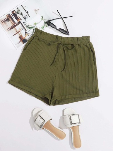 SHEIN Tied Paperbag Waist Slant Pocket Cuffed Shorts