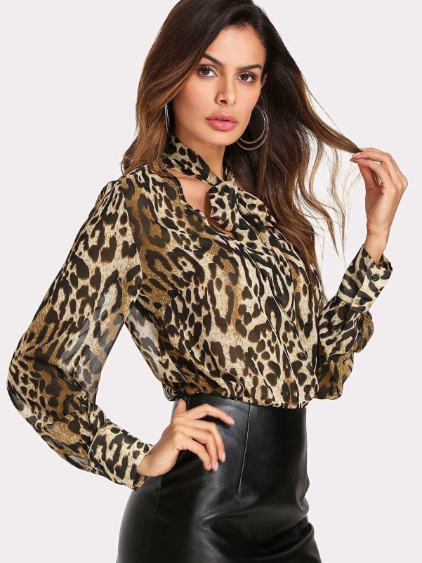 SHEIN V Cut Tied Neck Leopard Blouse