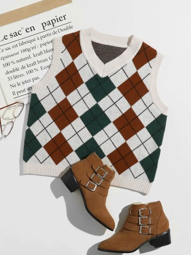 SHEIN سترة Argyle برقبة على شكل V