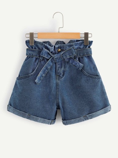 SHEIN Paperbag Waist Self Belted Rolled Hem Denim Shorts