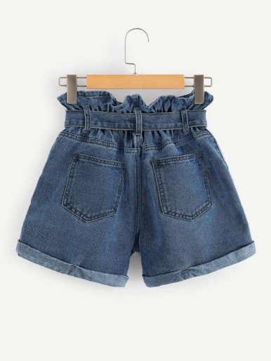 SHEIN Paperbag Waist Self Belted Rolled Hem Denim Shorts