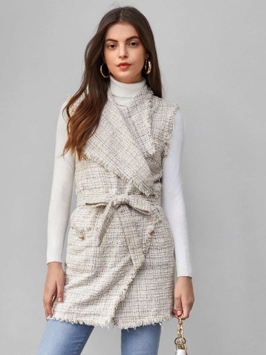 SHEIN Waterfall Collar Raw Trim Belted Tweed Vest Coat