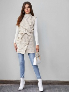 SHEIN Waterfall Collar Raw Trim Belted Tweed Vest Coat