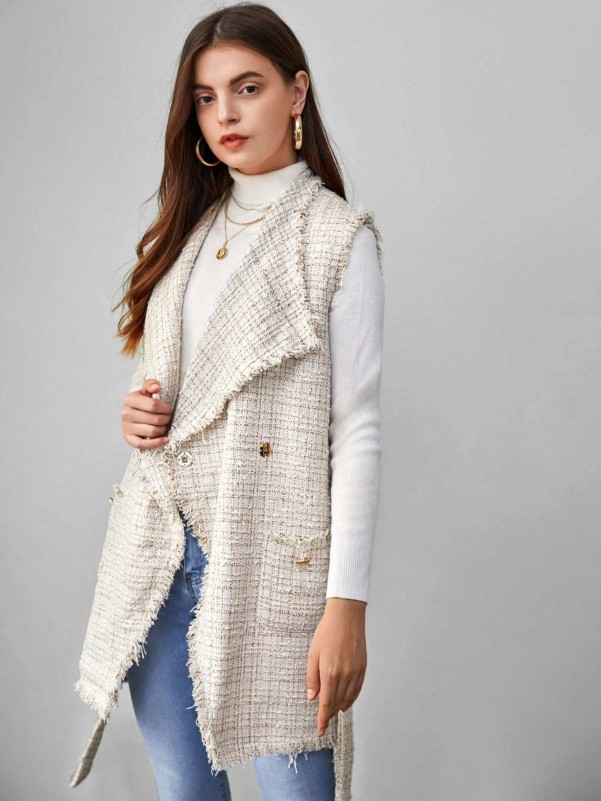 SHEIN Waterfall Collar Raw Trim Belted Tweed Vest Coat