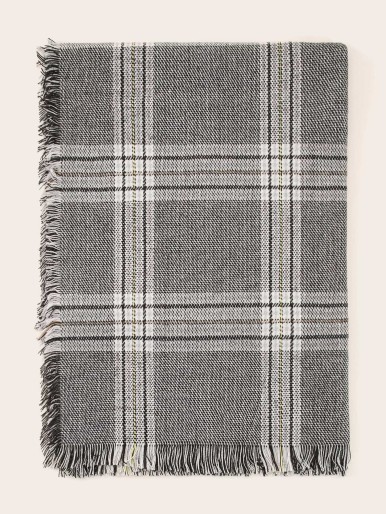 Men Plaid Raw Hem Scarf