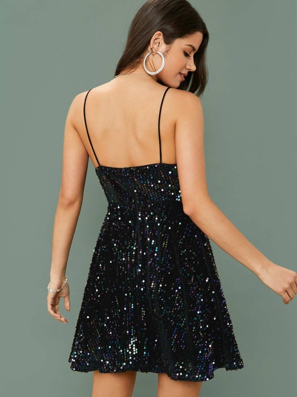 SHEIN Zipper Back Sequin Flare Slip Dress