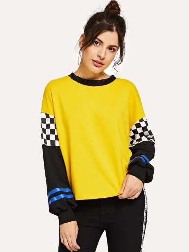 Checked Sleeve Color Block Pullover