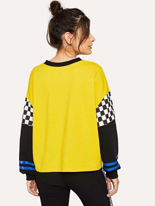 Checked Sleeve Color Block Pullover