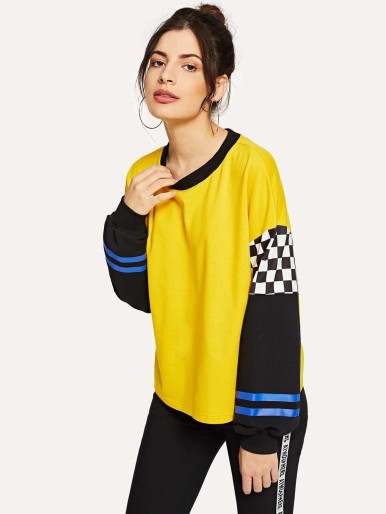 Checked Sleeve Color Block Pullover