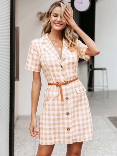 Simplee Button Front Gingham Blazer Dress Without Belt