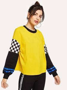 Checked Sleeve Color Block Pullover