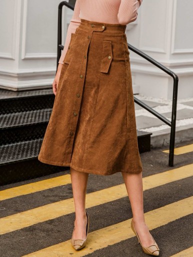 Simplee High Waist Button Front Cord Skirt