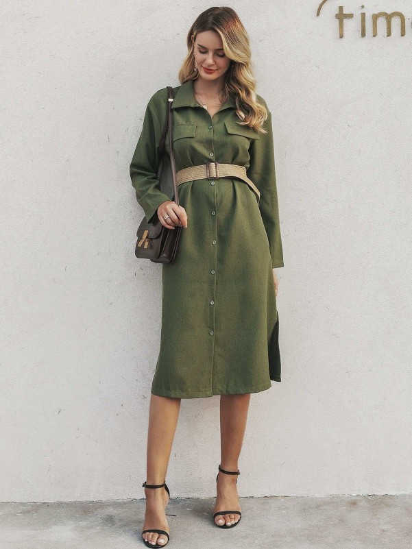 Simplee Slit Hem Button Front Shirt Dress Without Belt