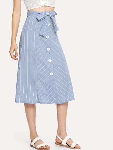 Single Breasted Knot Front Striped Skirt