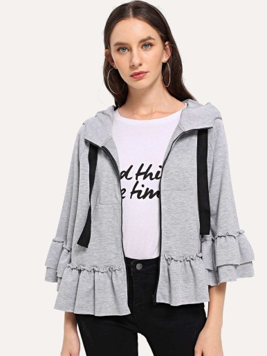 Zip Up Hooded Ruffle Hem Sweatshirt