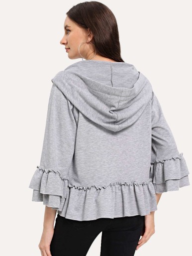 Zip Up Hooded Ruffle Hem Sweatshirt