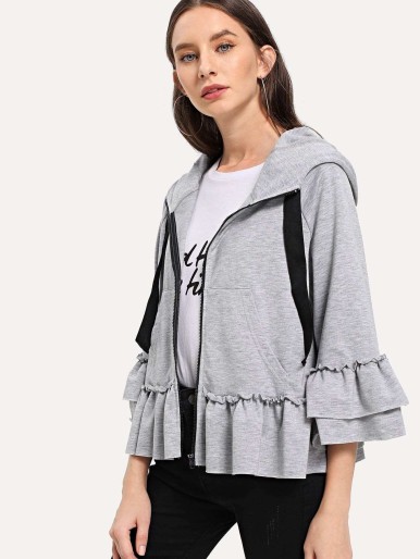 Zip Up Hooded Ruffle Hem Sweatshirt