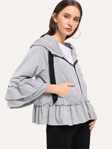 Zip Up Hooded Ruffle Hem Sweatshirt