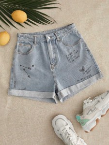 Slogan Graphic Rolled Hem Denim Shorts