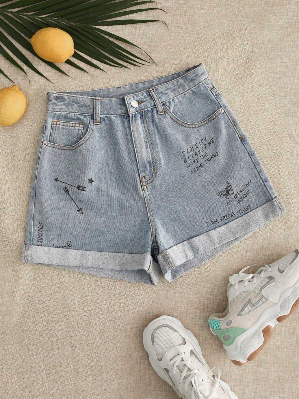 High Waisted Roll Hem Jean Shorts