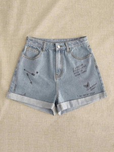 Slogan Graphic Rolled Hem Denim Shorts