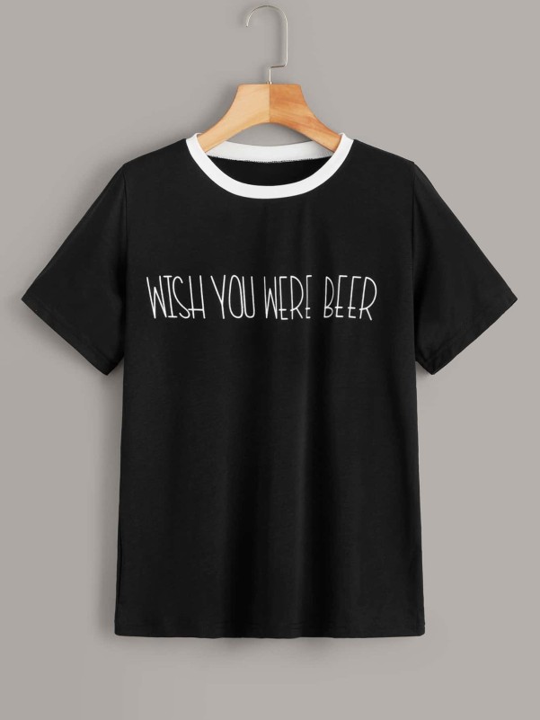 Slogan Graphic Round Neck Ringer Tee